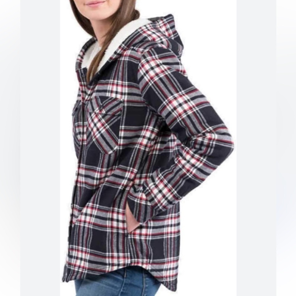 BOSTON TRADERS Women’s SM Sherpa Fleece Flannel Jacket Shacket Red White Black
